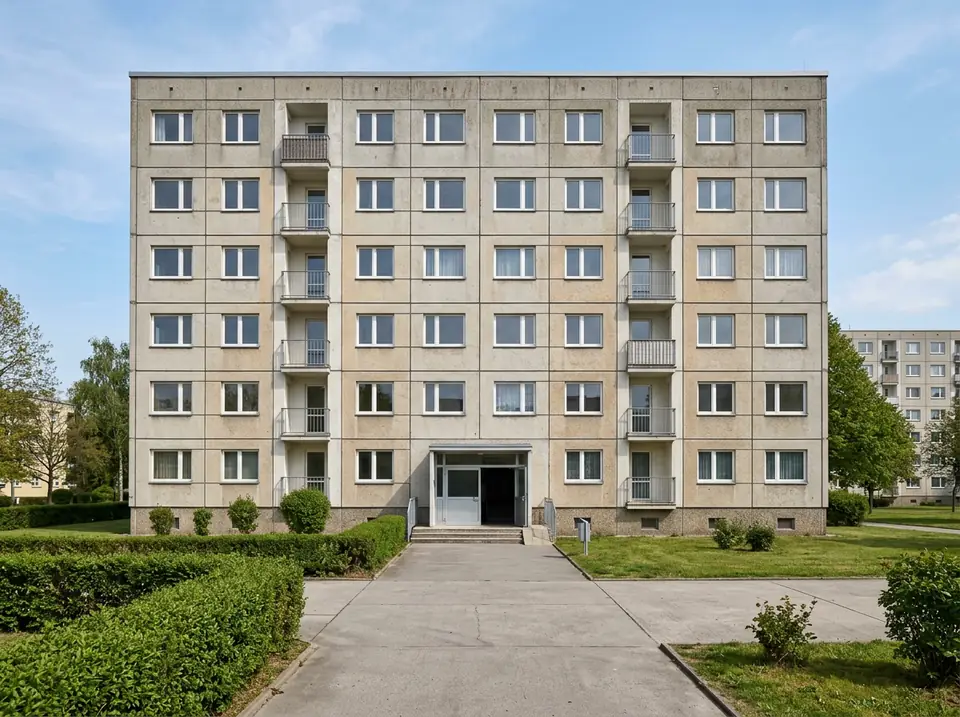 Többemeletes panelház bejárata, előtte üres burkolt terület